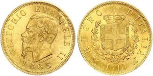 10 Лира Kingdom of Italy (1861-1946) Золото Victor Emmanuel II of Italy (1820 - 1878)