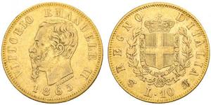 10 Лира Kingdom of Italy (1861-1946) Золото Victor Emmanuel II of Italy (1820 - 1878)