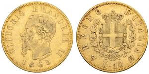 10 Ліра Kingdom of Italy (1861-1946) Золото Victor Emmanuel II of Italy (1820 - 1878)