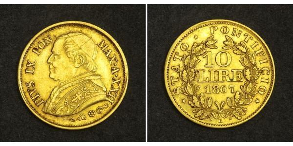 10 Ліра Папська держава (752-1870) Золото Пій IX (1792- 1878)