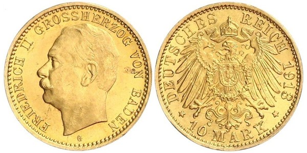 10 Марка Велике герцогство Баден (1806-1918) Золото Frederick II, Grand Duke of Baden (1857 - 1928)