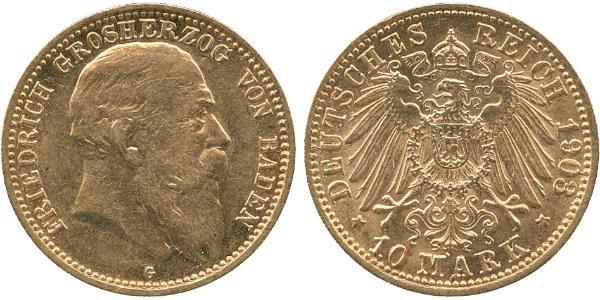 10 Марка Велике герцогство Баден (1806-1918) Золото Frederick I, Grand Duke of Baden (1826 - 1907)