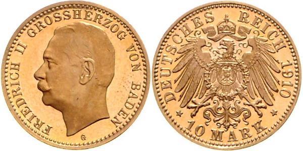 10 Марка Велике герцогство Баден (1806-1918) Золото Frederick II, Grand Duke of Baden (1857 - 1928)