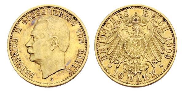 10 Марка Велике герцогство Баден (1806-1918) Золото Frederick II, Grand Duke of Baden (1857 - 1928)