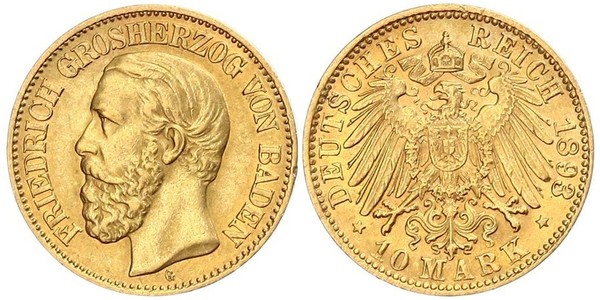 10 Марка Велике герцогство Баден (1806-1918) Золото Frederick I, Grand Duke of Baden (1826 - 1907)