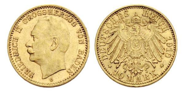 10 Марка Велике герцогство Баден (1806-1918) Золото Frederick II, Grand Duke of Baden (1857 - 1928)