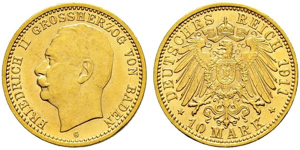 10 Марка Велике герцогство Баден (1806-1918) Золото Frederick II, Grand Duke of Baden (1857 - 1928)