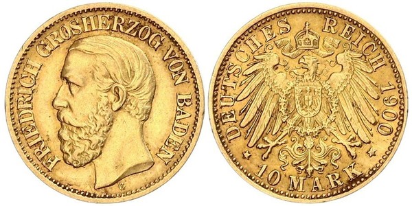 10 Марка Велике герцогство Баден (1806-1918) Золото Frederick I, Grand Duke of Baden (1826 - 1907)