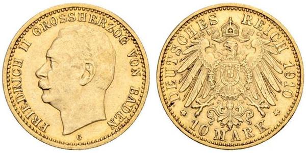 10 Марка Велике герцогство Баден (1806-1918) Золото Frederick II, Grand Duke of Baden (1857 - 1928)