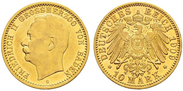 10 Марка Велике герцогство Баден (1806-1918) Золото Frederick II, Grand Duke of Baden (1857 - 1928)