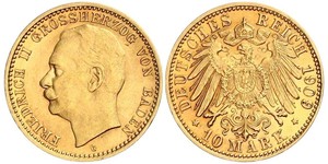 10 Марка Великое герцогство Баден (1806-1918) Золото Frederick II, Grand Duke of Baden (1857 - 1928)