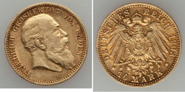 10 Марка Великое герцогство Баден (1806-1918) Золото Фридрих I (великий герцог Баденский) (1826 - 1907)