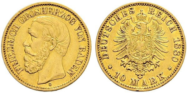 10 Марка Великое герцогство Баден (1806-1918) Золото Фридрих I (великий герцог Баденский) (1826 - 1907)