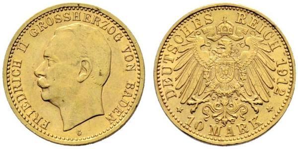 10 Марка Великое герцогство Баден (1806-1918) Золото Frederick II, Grand Duke of Baden (1857 - 1928)