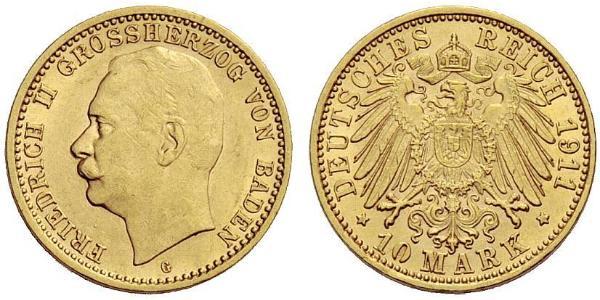 10 Марка Великое герцогство Баден (1806-1918) Золото Frederick II, Grand Duke of Baden (1857 - 1928)