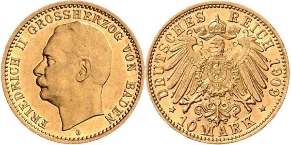 10 Марка Великое герцогство Баден (1806-1918) Золото Frederick II, Grand Duke of Baden (1857 - 1928)