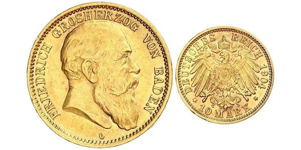 10 Марка Великое герцогство Баден (1806-1918) Золото Фридрих I (великий герцог Баденский) (1826 - 1907)