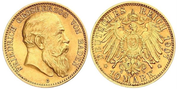 10 Марка Великое герцогство Баден (1806-1918) Золото Фридрих I (великий герцог Баденский) (1826 - 1907)