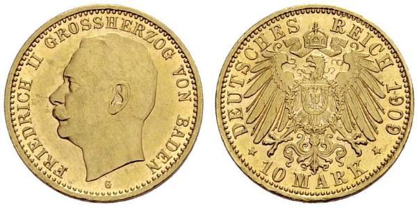 10 Марка Великое герцогство Баден (1806-1918) Золото Frederick II, Grand Duke of Baden (1857 - 1928)