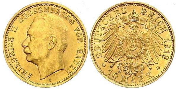 10 Марка Великое герцогство Баден (1806-1918) Золото Frederick II, Grand Duke of Baden (1857 - 1928)