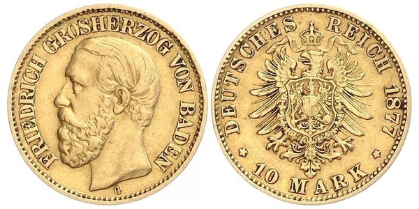 10 Марка Великое герцогство Баден (1806-1918) Золото Фридрих I (великий герцог Баденский) (1826 - 1907)