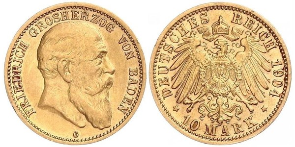 10 Марка Великое герцогство Баден (1806-1918) Золото Фридрих I (великий герцог Баденский) (1826 - 1907)