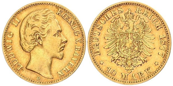 10 Марка Королевство Бавария (1806 - 1918) Золото Людвиг II (король Баварии)(1845 – 1886)