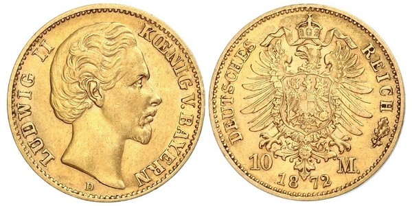 10 Марка Королівство Баварія (1806 - 1918) Золото Людвіг II (король Баварії)(1845 – 1886)