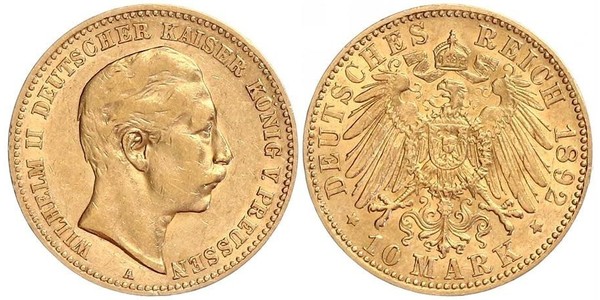10 Марка Королівство Пруссія (1701-1918) Золото Wilhelm II, German Emperor (1859-1941)