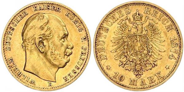 10 Марка Королівство Пруссія (1701-1918) Золото Wilhelm I, German Emperor (1797-1888)