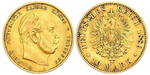 10 Марка Королівство Пруссія (1701-1918) Золото Wilhelm I, German Emperor (1797-1888)