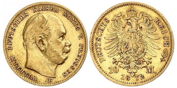 10 Марка Королівство Пруссія (1701-1918) Золото Wilhelm I, German Emperor (1797-1888)
