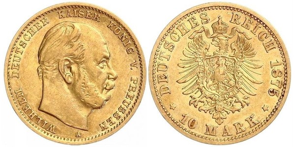 10 Марка Королівство Пруссія (1701-1918) Золото Wilhelm I, German Emperor (1797-1888)