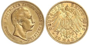 10 Марка Пруссия (королевство) (1701-1918) Золото Wilhelm II, German Emperor (1859-1941)