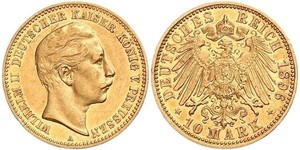 10 Марка Пруссия (королевство) (1701-1918) Золото Wilhelm II, German Emperor (1859-1941)