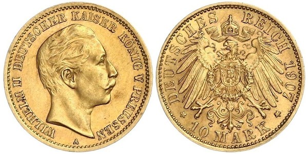 10 Марка Пруссия (королевство) (1701-1918) Золото Wilhelm II, German Emperor (1859-1941)