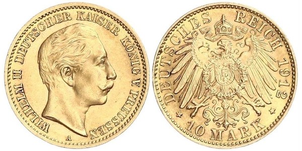 10 Марка Пруссия (королевство) (1701-1918) Золото Wilhelm II, German Emperor (1859-1941)