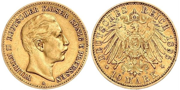 10 Марка Пруссия (королевство) (1701-1918) Золото Wilhelm II, German Emperor (1859-1941)