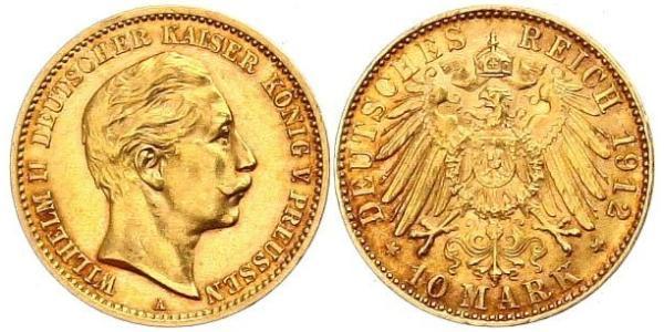 10 Марка Пруссия (королевство) (1701-1918) Золото Wilhelm II, German Emperor (1859-1941)