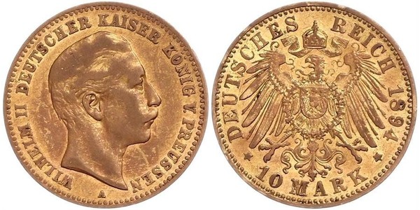 10 Марка Пруссия (королевство) (1701-1918) Золото Wilhelm II, German Emperor (1859-1941)