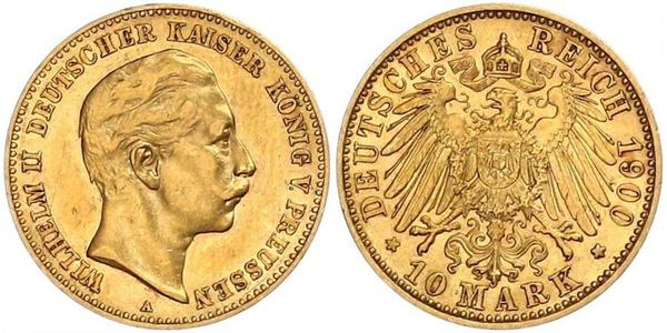 10 Марка Пруссия (королевство) (1701-1918) Золото Wilhelm II, German Emperor (1859-1941)