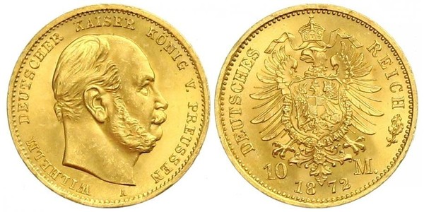10 Марка Пруссия (королевство) (1701-1918) Золото Wilhelm I, German Emperor (1797-1888)
