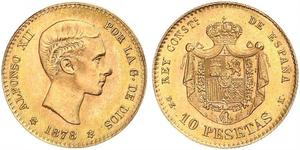 10 Песета Королівство Іспанія (1874 - 1931) Золото Alfonso XII of Spain (1857 -1885)