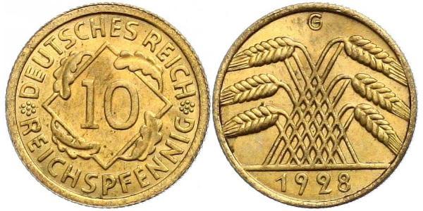 10 Пфенниг / 10 Рейхспфенниг Веймарская республика (1918-1933) Латунь 