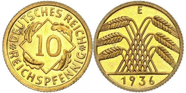 10 Пфенниг / 10 Рейхспфенниг Веймарская республика (1918-1933) Латунь 