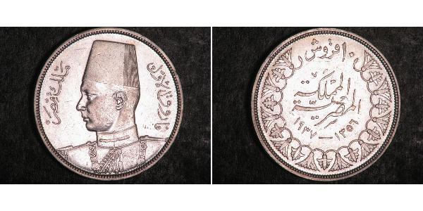 10 Піастр Королівство Єгипет (1922 - 1953) Срібло Фарук I, король Єгипта(1920 - 1965)