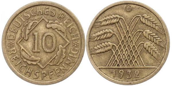 10 Рейхспфеніг / 10 Пфеніг Веймарська республіка (1918-1933) Латунь 
