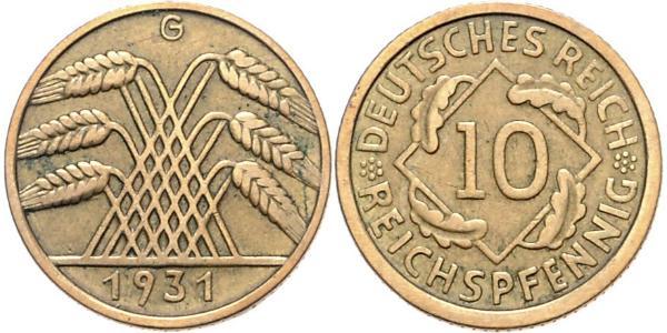 10 Рейхспфеніг / 10 Пфеніг Веймарська республіка (1918-1933) Латунь 