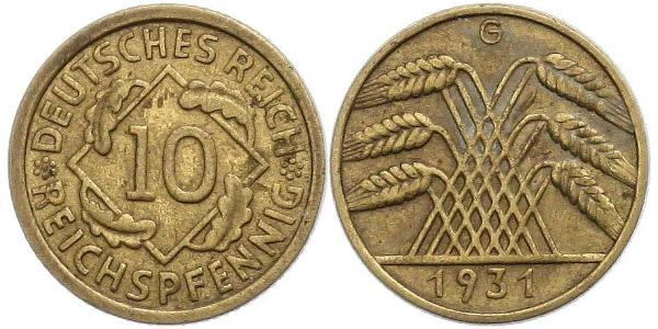 10 Рейхспфеніг / 10 Пфеніг Веймарська республіка (1918-1933) Латунь 