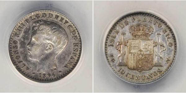 10 Сентаво Пуерто-Ріко Срібло Alfonso XIII of Spain (1886 - 1941)